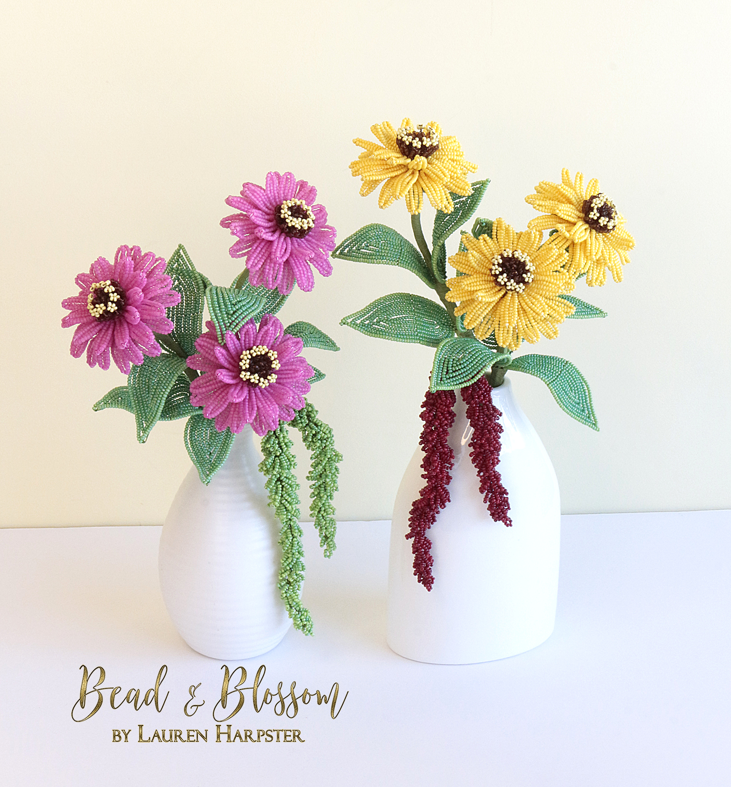 French Beaded Zinnia and Hanging Amaranth by Lauren Harpster
